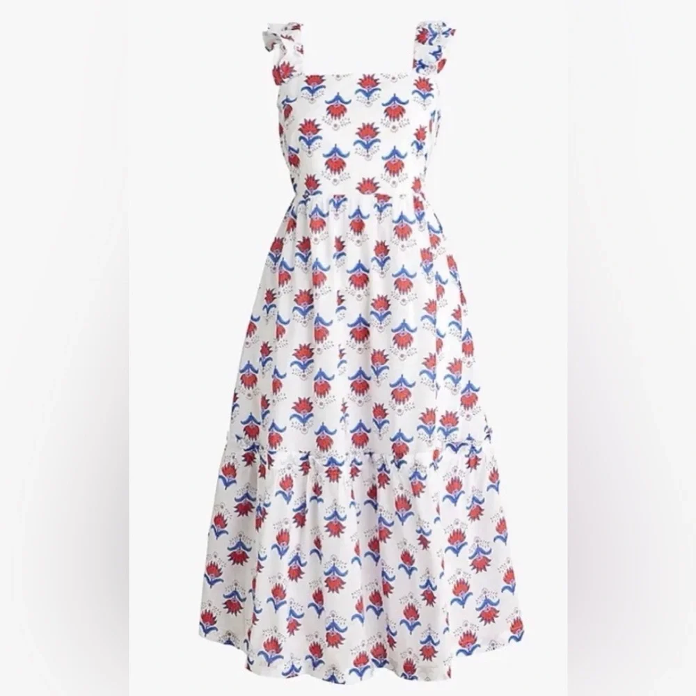 J.Crew Square Neck Midi Dress White Red Blue Floral - Picture 5 of 7